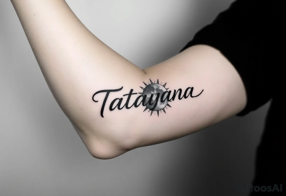 Forearm tattoo for a man using the name “Tatayana” Starting from the wrist, stretching to the elbow with the sun and moon Incorporated tattoo idea