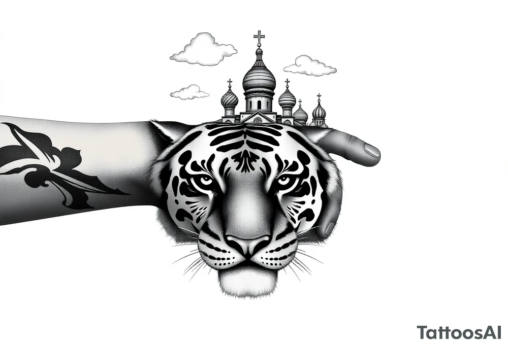 Realistic tiger face on the back of the hand with strong contrast and fine detail with hollow black eyes. with a highly detailed Russian Orthodox cathedral sitting above on fore arm with onion domes and orthodox crosses, done in fine line, engraving-like style. Cohesive composition, black ink only, no color, high contrast, slightly aged, documentary-style, plain light background. with clouds above and a virgin mary 
spanning from my hand to lower fore arm tattoo idea