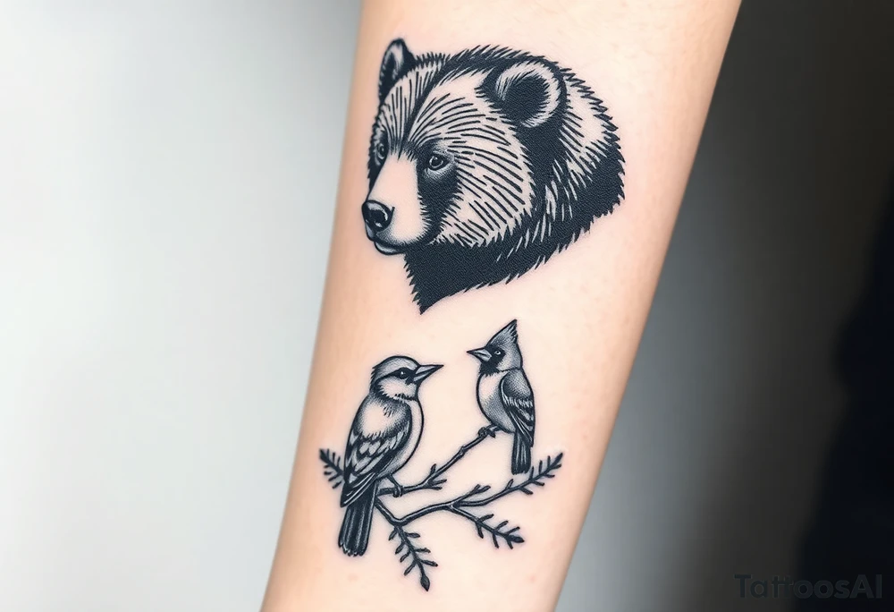 Realistic Woodland with a bear, woodpecker and cardinal tattoo idea