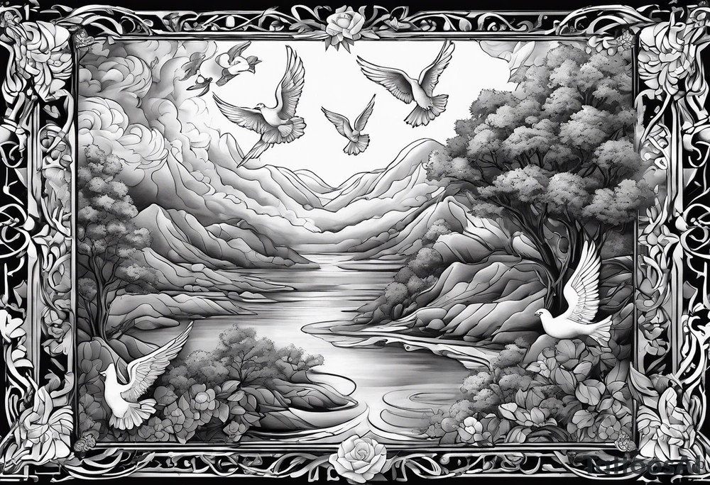 Birth date of my son, touch of god, angels, doves, full outside sleeve tattoo idea