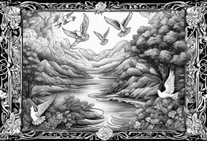 Birth date of my son, touch of god, angels, doves, full outside sleeve tattoo idea