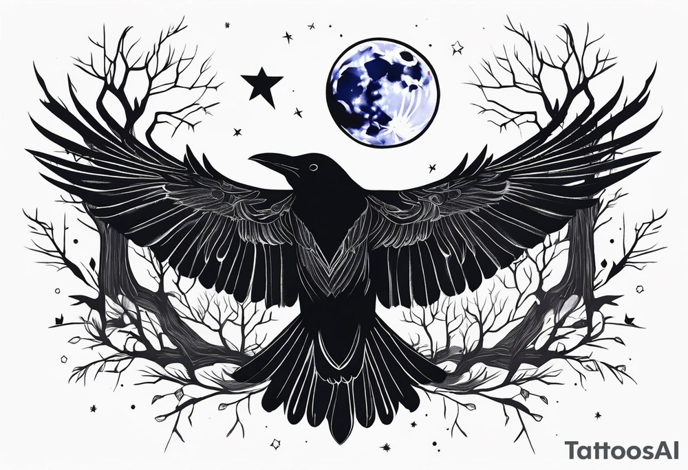 Raven in flight, upsidedown, knowing, light behind its eyes, ethereal, moon stars and trees in the background tattoo idea