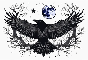 Raven in flight, upsidedown, knowing, light behind its eyes, ethereal, moon stars and trees in the background tattoo idea