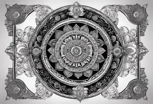 Depict the cycle of birth, life, death, and rebirth (Samsara) with intricate details and religious symbols encapsulated in each phase, representing the continuous tattoo idea
