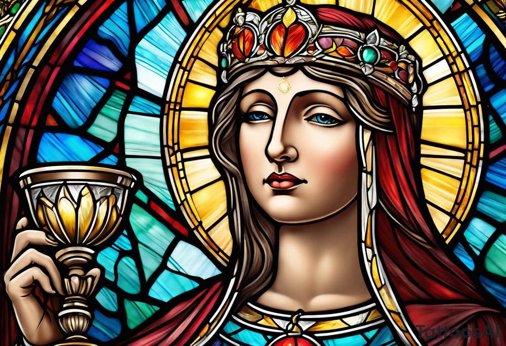 holy saint woman with halo stained glass holding a chalice tattoo idea