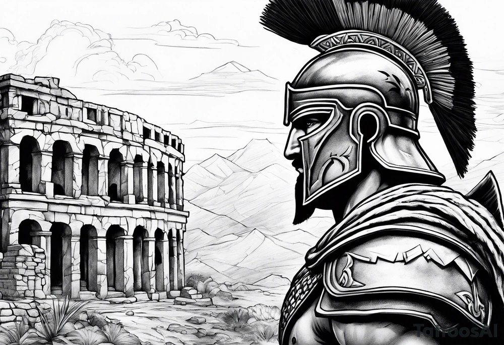 Side profile of spartan soilder with ancient ruins in background tattoo idea