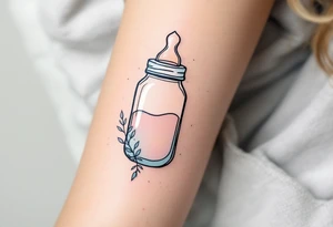 A baby bottle and pacifier outlined in soft pastel tones conveys the gentle and devoted care of early motherhood. tattoo idea