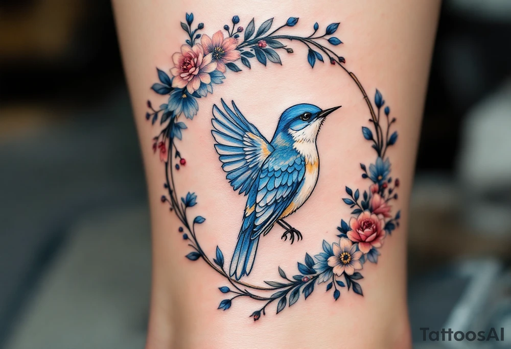 Blue bird coverup in a floral frame tattoo idea