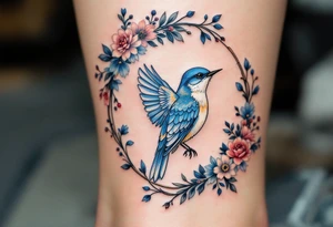 Blue bird coverup in a floral frame tattoo idea