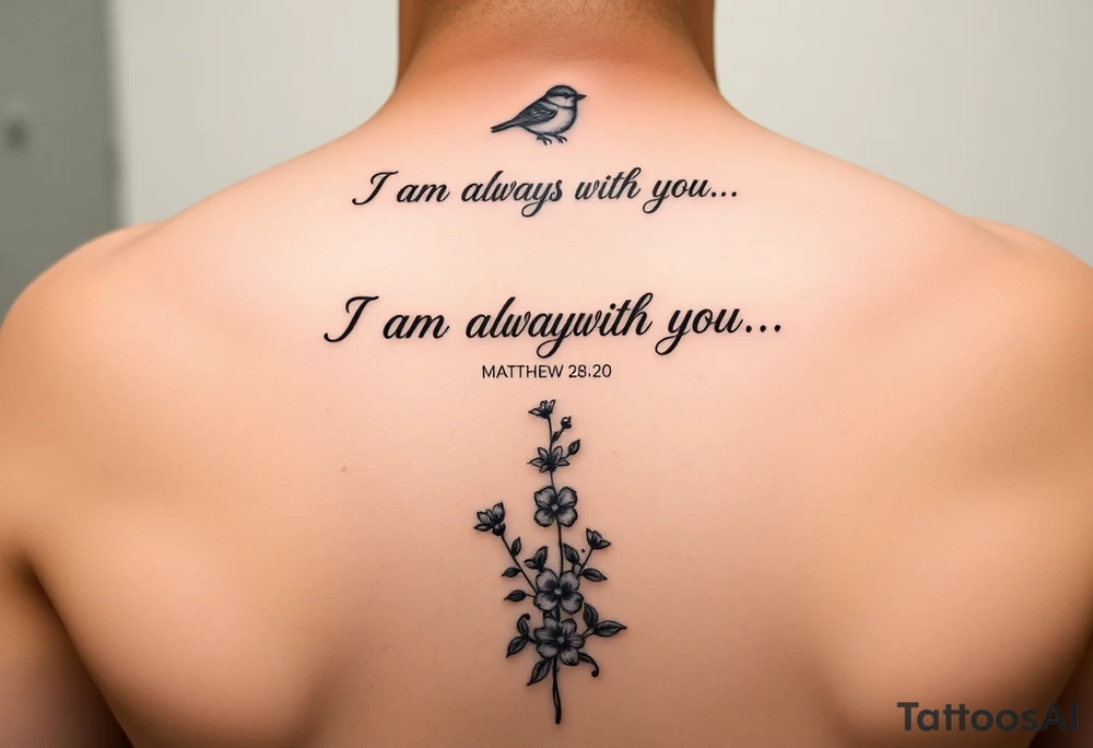 Bible verse “I am always with you Matthew 28:20” with a dainty bird on top with small flowers on the bottom going vertical down the spine tattoo idea