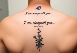 Bible verse “I am always with you Matthew 28:20” with a dainty bird on top with small flowers on the bottom going vertical down the spine tattoo idea
