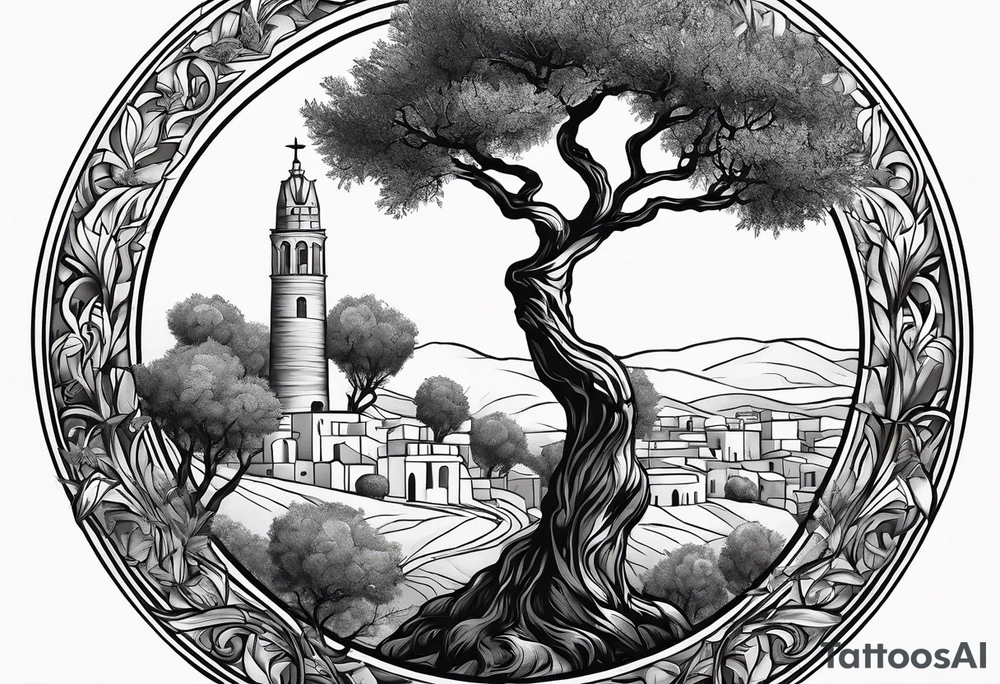 An olive tree surrounded by a circle with Saturn and the Babel tower in the background. tattoo idea