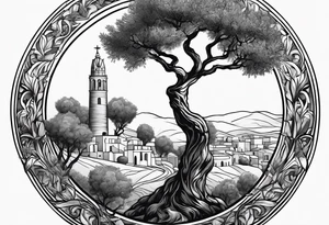 An olive tree surrounded by a circle with Saturn and the Babel tower in the background. tattoo idea