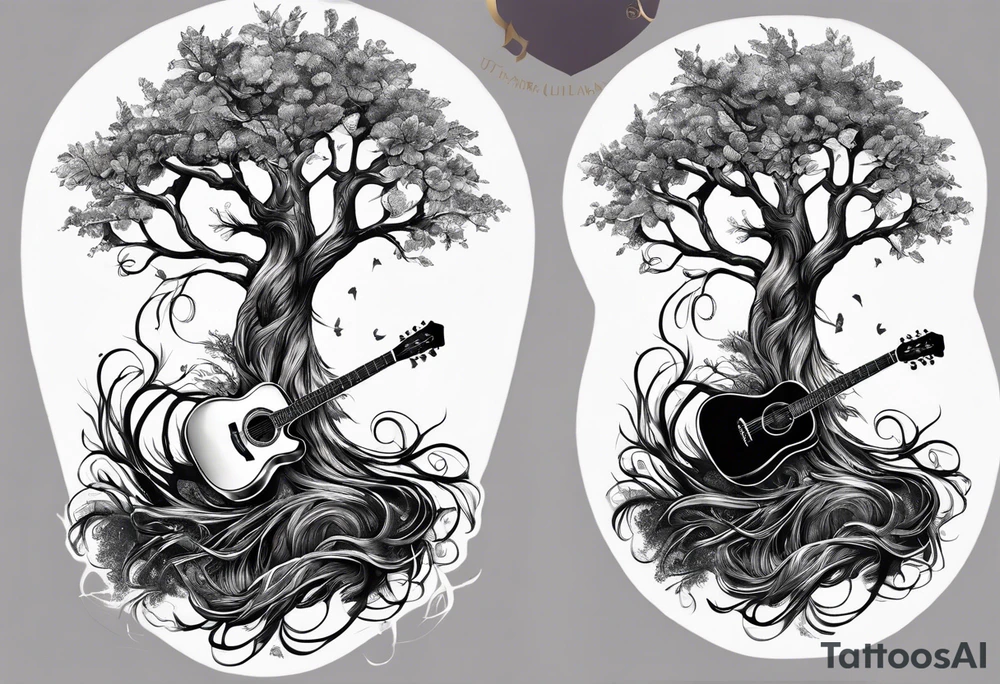 tree with guitar neck as trunk and roots are an anchor tattoo idea