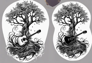 tree with guitar neck as trunk and roots are an anchor tattoo idea