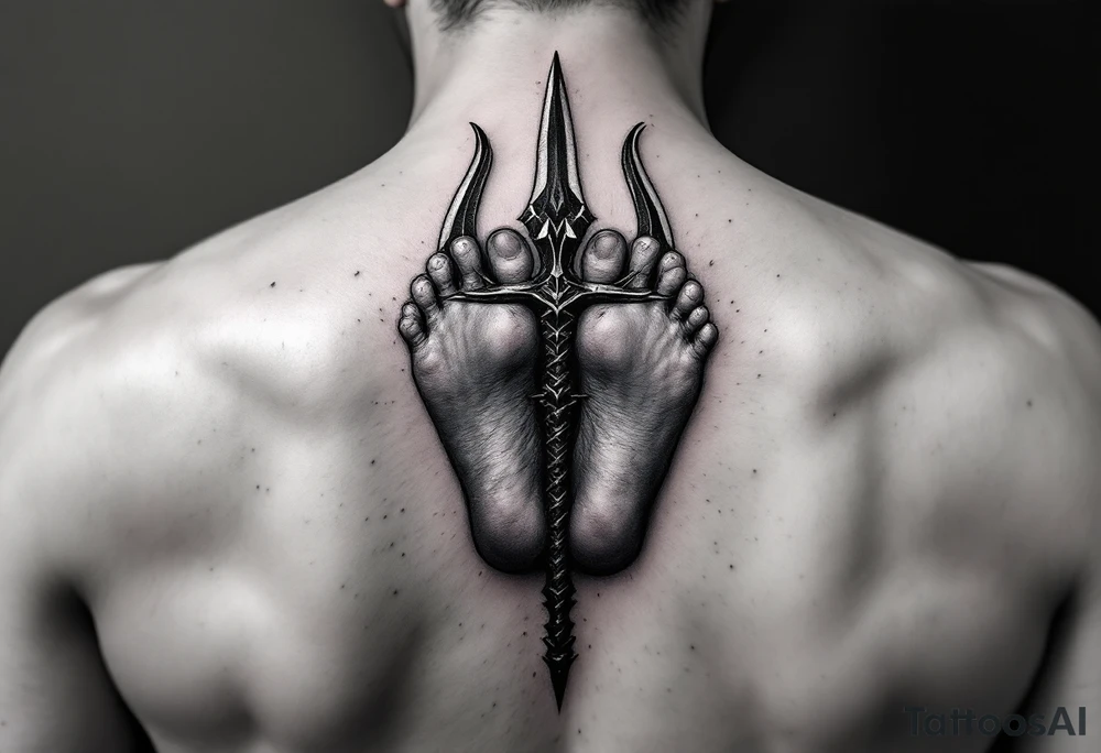 barefeet behind trident tattoo idea