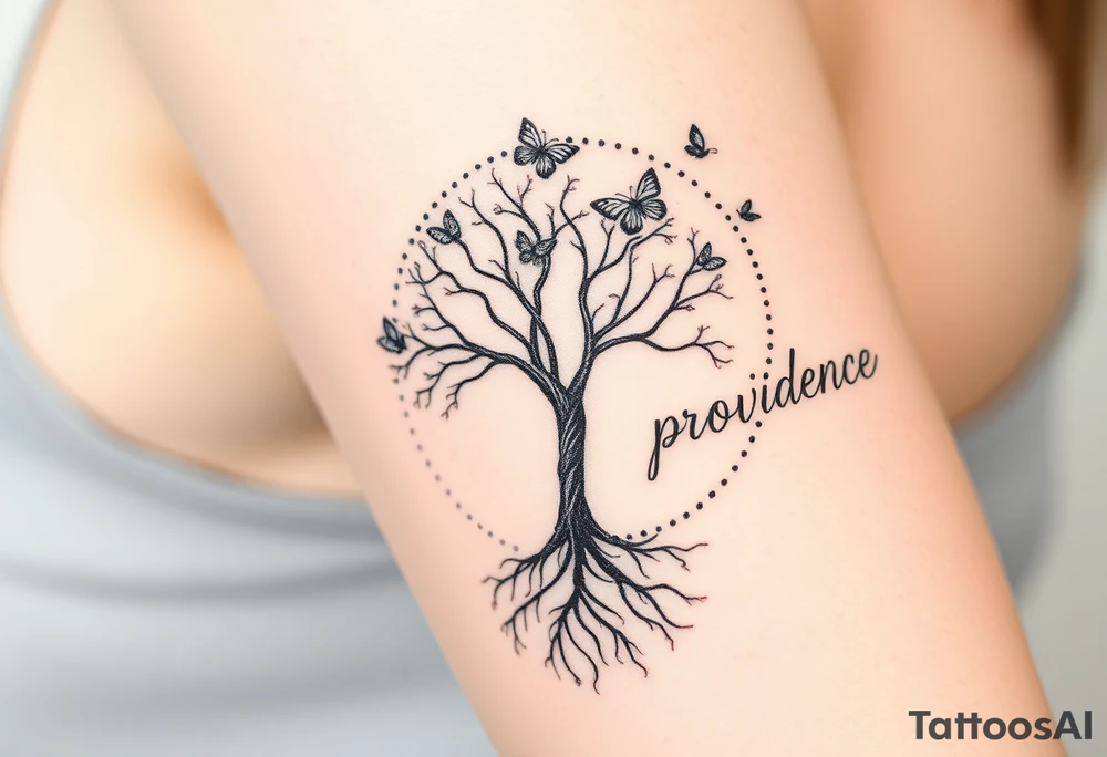 minimalistic tree of life that’s roots come out at bottom and make a dotted circle around the tree and have butterflies coming out of circle on top right and then the word “providence” curved around the right outside of the circle tattoo idea