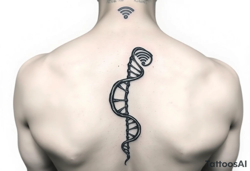 "Tattoo mimicking a DNA strand, but:  
- Base pairs replaced with Wi-Fi/Torrent logos  
- Caption: 'Open source enlightenment'  

Style: Bio-mechanical. Black/blue, bicep." tattoo idea