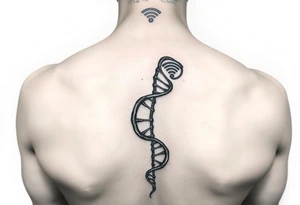 "Tattoo mimicking a DNA strand, but:  
- Base pairs replaced with Wi-Fi/Torrent logos  
- Caption: 'Open source enlightenment'  

Style: Bio-mechanical. Black/blue, bicep." tattoo idea