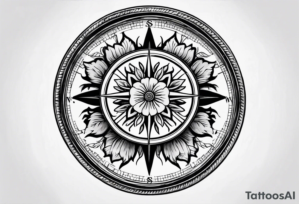 Vintage pocket compass with marigold flower. tattoo idea