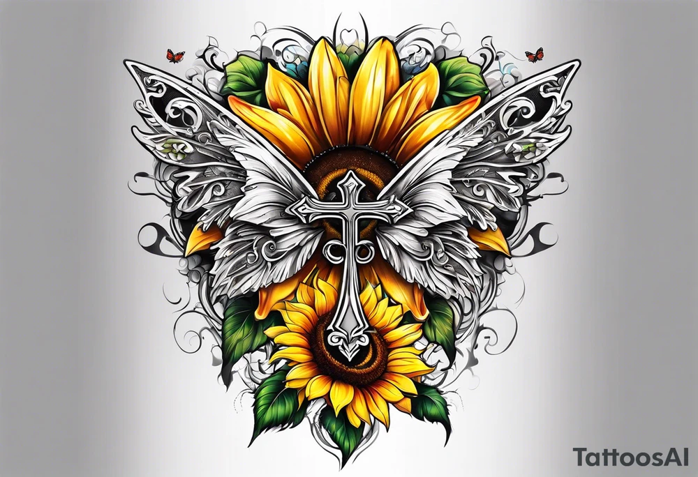 Winged cross with sunflower and butterflies tattoo idea
