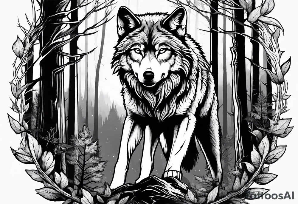 Male and female wolf surrounded by woods tattoo idea