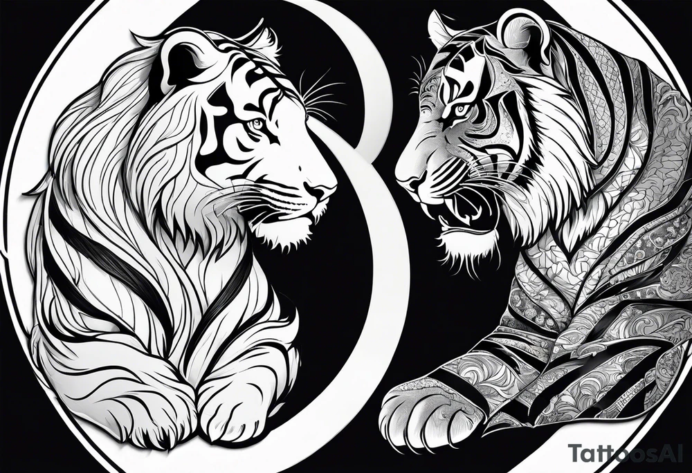 Tiger and lion on a yin yang plate tattoo idea