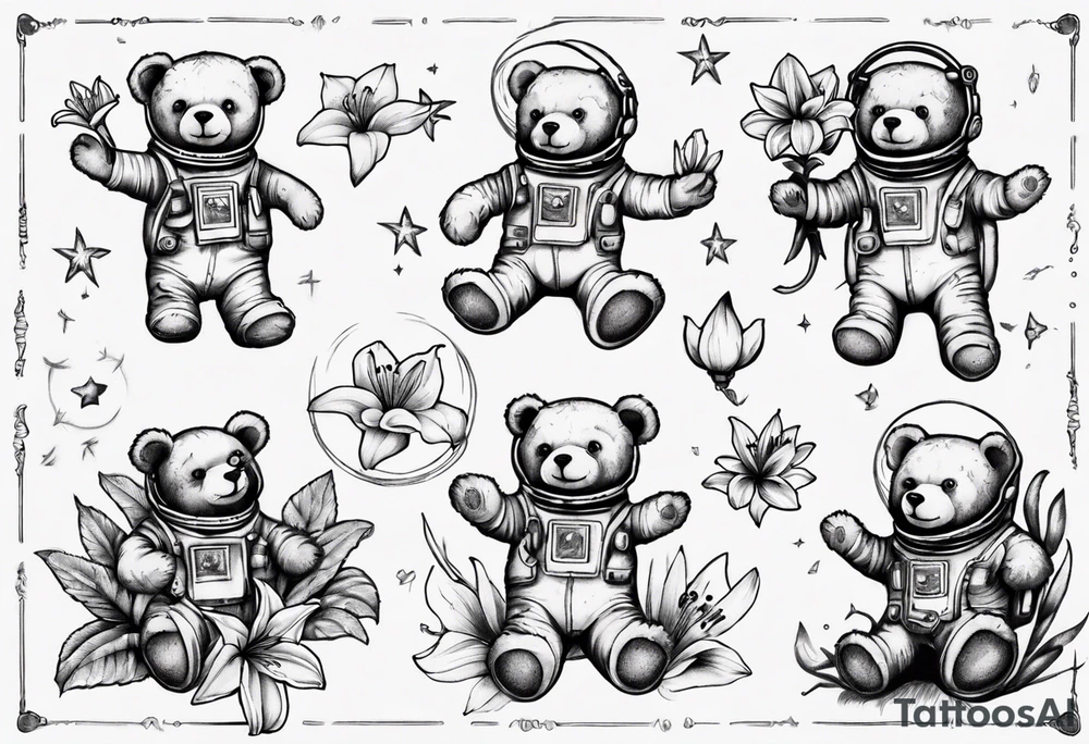 Teddy bear astronaut holding Lily tattoo idea