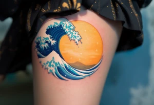 A sparkling sapphire-colored wave crests under a golden sky on the lower leg. tattoo idea