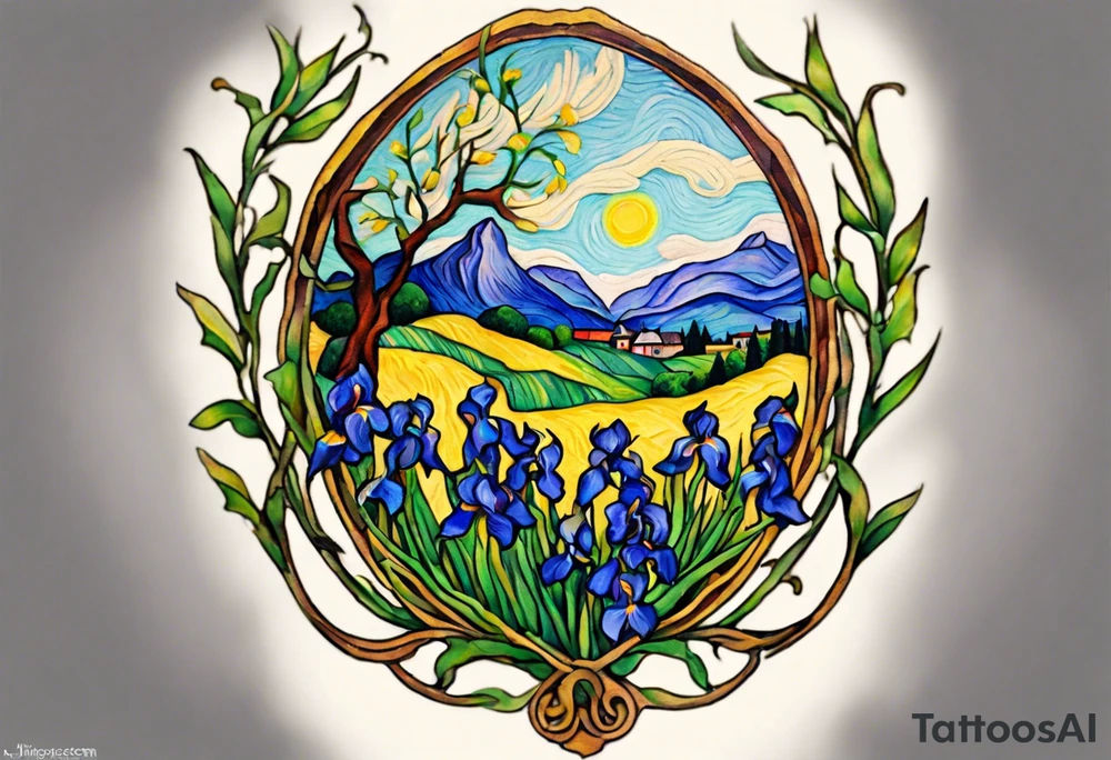 Create a small, colorful Vincent van Gogh Irises tattoo in the form of a crescent, with vines gracefully intertwining at a central point in the middle of the wreath. The intended placement is on the upper chest. The middle needs mountains. The overall design should be small in size while maintaining a delicate and artistic aesthetic. Pay attention to the graceful flow of the vines and the placement of the irises to achieve a refined and elegant look. tattoo idea