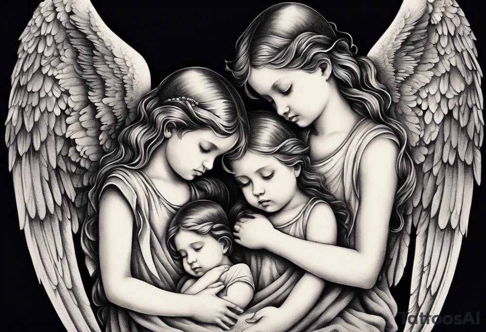 angels praying together. Three boy angels are standing in the back of the three girl angel, with their wings gently enfolding a baby angel in a protective embrace tattoo idea