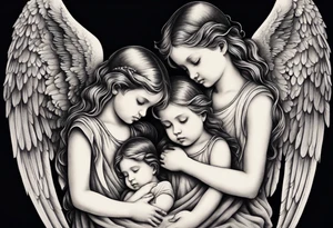 angels praying together. Three boy angels are standing in the back of the three girl angel, with their wings gently enfolding a baby angel in a protective embrace tattoo idea