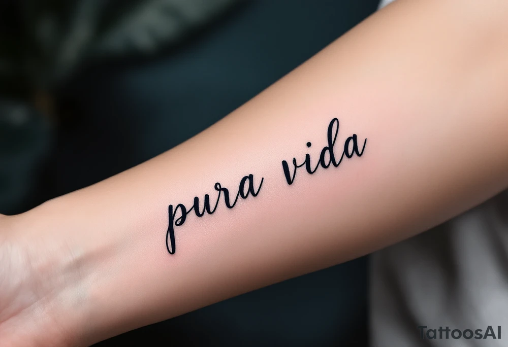 Minimalist “Pura Vida” in fine-line black, accompanied by a tiny golden sun and soft blue ocean wave. tattoo idea