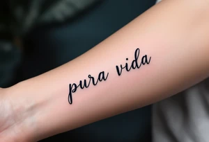 Minimalist “Pura Vida” in fine-line black, accompanied by a tiny golden sun and soft blue ocean wave. tattoo idea