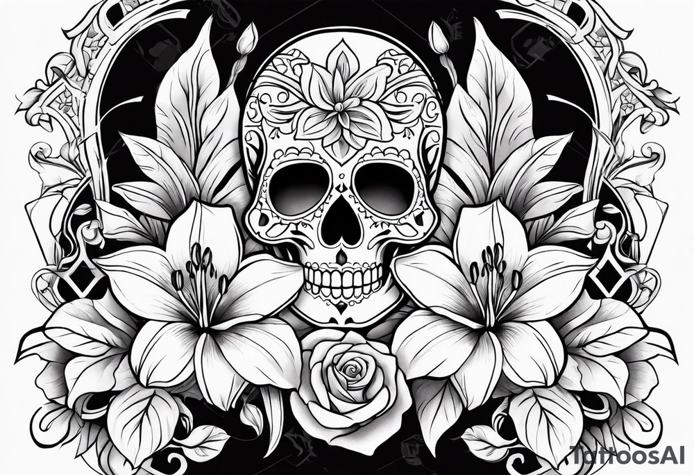 Sugar skulls with lilies and roses tattoo idea