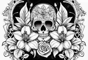 Sugar skulls with lilies and roses tattoo idea