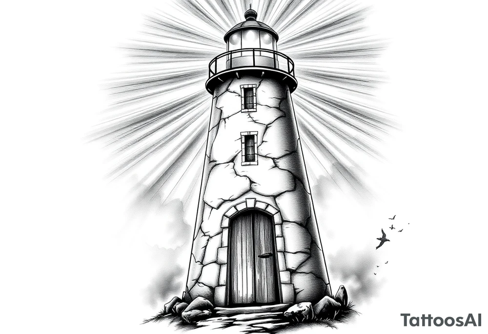 Lighthouse with rays of light with a few windows and an old door tattoo idea