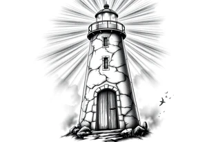 Lighthouse with rays of light with a few windows and an old door tattoo idea