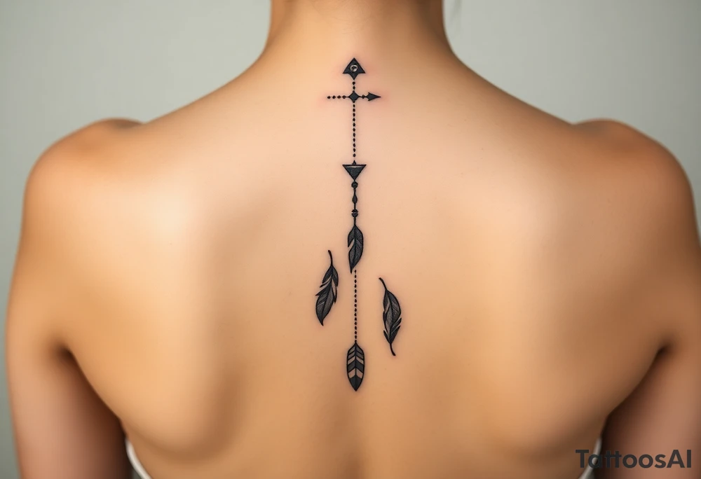 Thin spinal tattoo following down the spine in a native style with 3 vertical different lengths flowing lines made of a discreet connection of morse code ".--- .- --.     .-.. ... -.- .- .-.   -.. .. --.     .-.. .. .-.. .-.. . -... .-. --- .-. forming 3 arrow shapes connected to flowing feathers hanging from the morse code lines tattoo idea