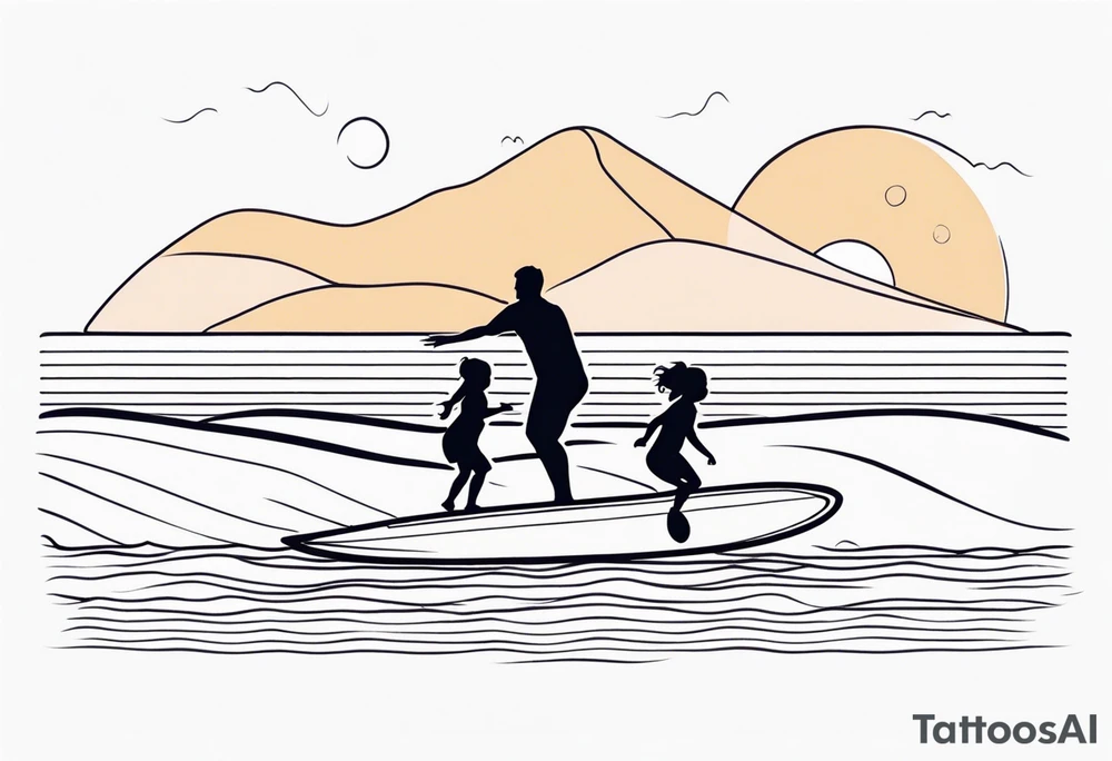 Single line tattoo depicting a father surfing with his two daughters tattoo idea
