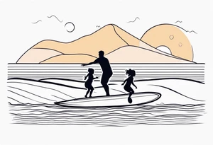 Single line tattoo depicting a father surfing with his two daughters tattoo idea