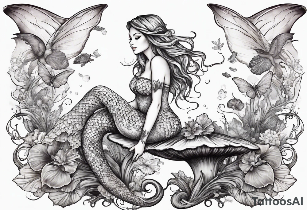 a mermaid sitting on a mushroom looking at a fairy flying tattoo idea