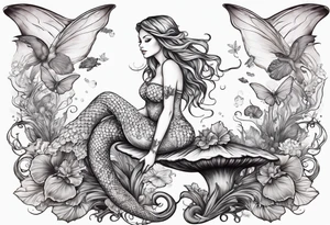 a mermaid sitting on a mushroom looking at a fairy flying tattoo idea