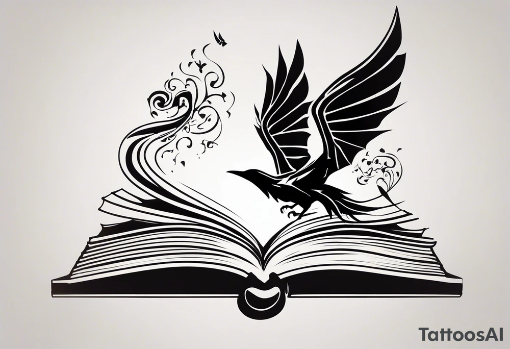 an elegantly drawn tattoo featuring an open book with pages that appear to flutter. Above the book, a small dragon silhouette, playfully flies in the air. To the right, a pawn chess piece stands proudly. Just above, a singular, swirling music note, emanating a sense of melody. On the left corner of the book, a majestic raven, feathers ruffled by an unseen wind. Below, a vibrant cluster of lavender flowers blooms, with a charming bumblebee hovering nearby tattoo idea