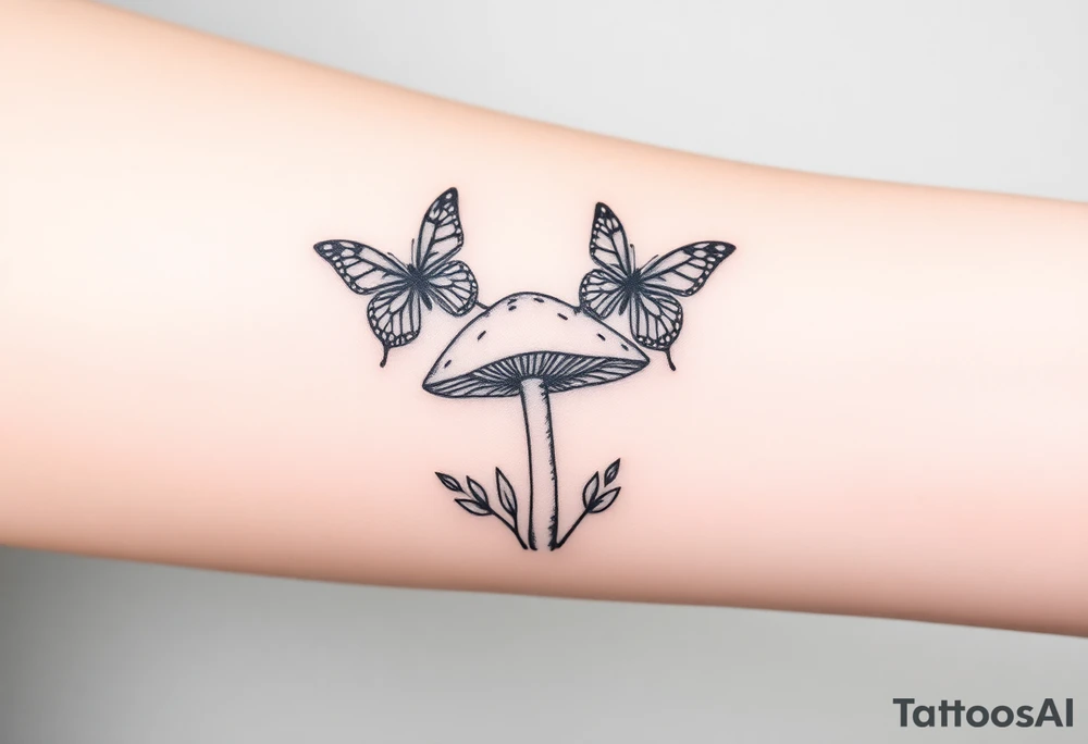 mushroom with 2 butterflies above it on your lower inner arm tattoo idea