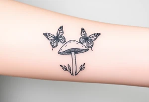 mushroom with 2 butterflies above it on your lower inner arm tattoo idea
