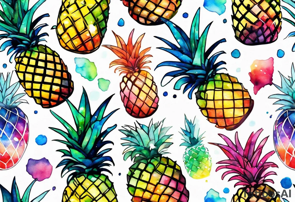 Broken glass watercolour tattoo, stag in shape of pineapple, Amsterdam, Amsterdam buildings, Amsterdam canal, space colours, galaxy colours, pineapples tattoo idea