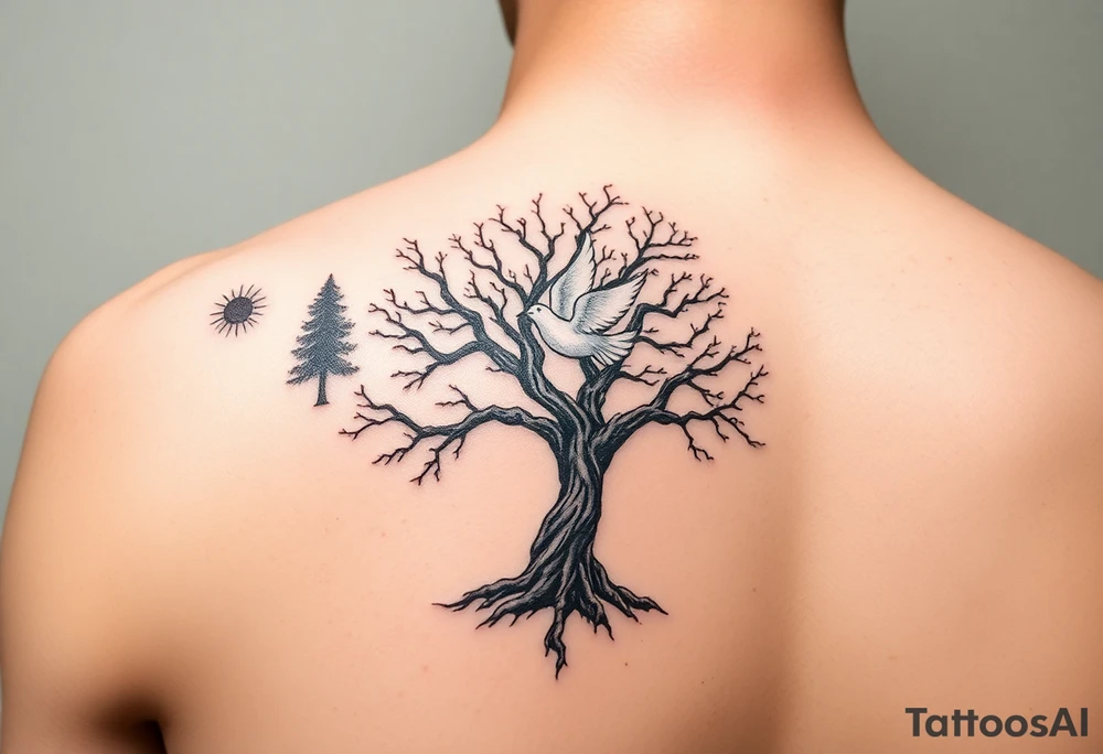 "A tattoo design featuring sun rays  clearly radiating from the top of the shoulder, with a serene forest scene in the background. Incorporate a prominent 'poison tree' design, featuring twisted and gnarled branches, symbolizing duality or mystery. Add a white dove in flight in the foreground, positioned slightly above or near the tree, symbolizing peace and hope. The overall design should have a balance of contrast and shading, blending realism with a slightly surreal artistic style." MAKE SURE THE TATOO IS ON THE SHOULDER tattoo idea