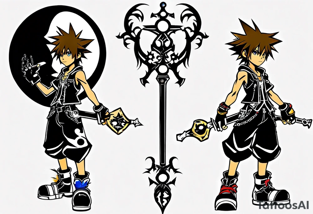 sora from kingdom hearts, weilding sora’s keyblade, silhouette of sora in the background against the moon, sora full body frontal, bicep tattoo, forearm tattoo, neotraditional style tattoo idea