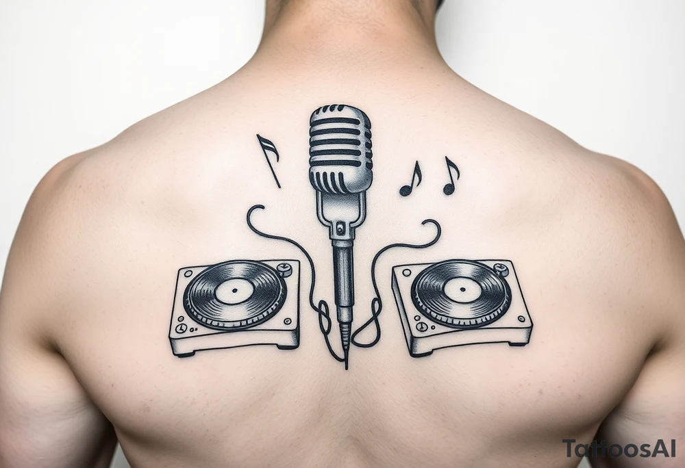 Microphone turntables and music notes tattoo idea